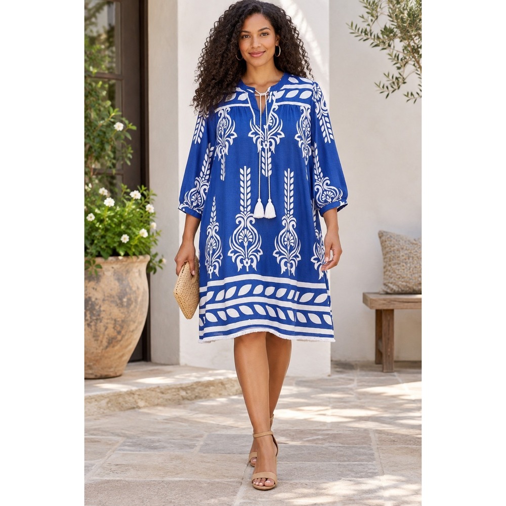 GiGio USA Women Dress Relaxed Large Front Yoke Balloon Sleeve Boho Resort Cruise